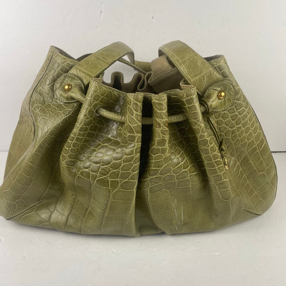 Brahmin Elizabeth Grotto Drawstring Melbourne Leather Green Croc Purse Bag Tote